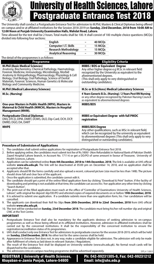 UHS Lahore Postgraduate Entry Test 2018