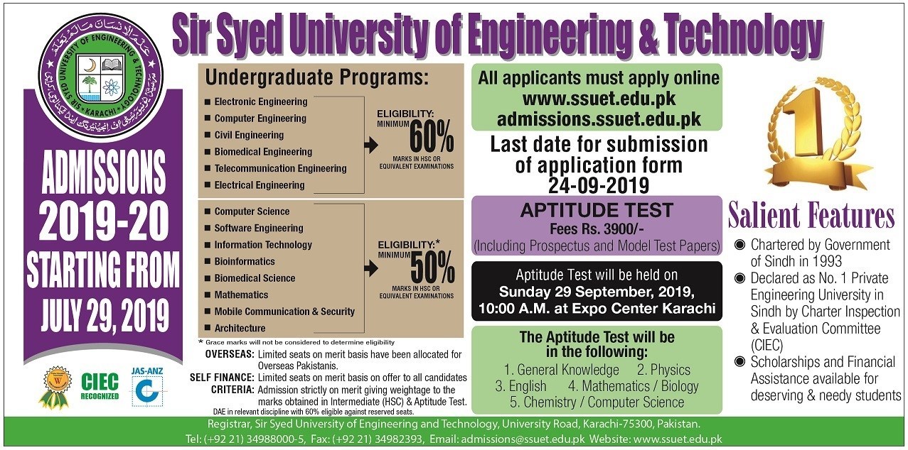 Sir Syed University Of Engineering And Technology Karachi Admission 2019