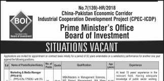 Prime Minister Office Board of Investment Jobs 2018 NTS Application Form