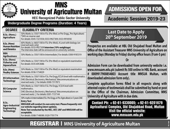 Muhammad Nawaz Sharif University of Agriculture Multan BSc 