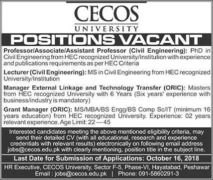 CECOS University Peshawar Jobs 2018