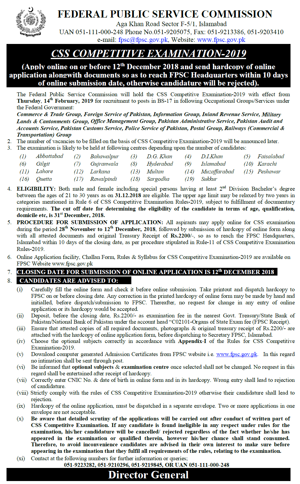 Css 2019 Pakistan Exam Advertisement