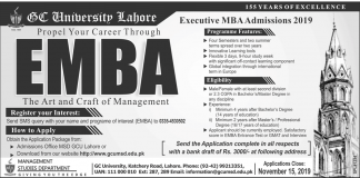 GC University Lahore MBA Executive Admission 2019 Form Download