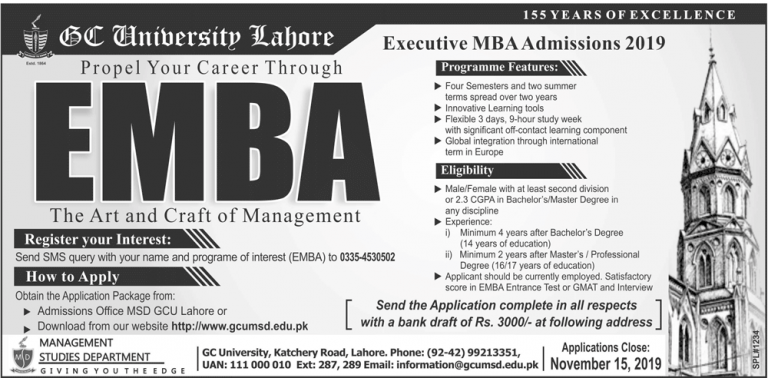 GC University Lahore MBA Executive Admission 2025 Form Download