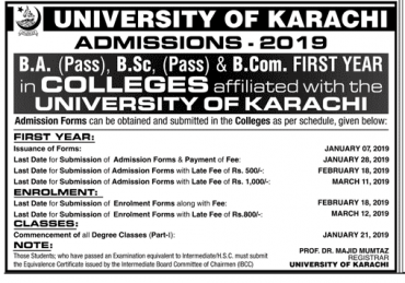 Karachi University BA, BSC, B.Com Examination Form 2019 Submission Schedule