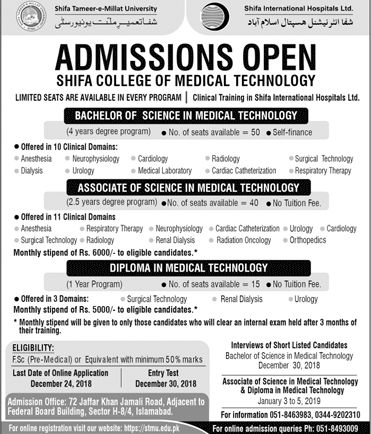 Shifa College Of Medical Technology Admission 2018