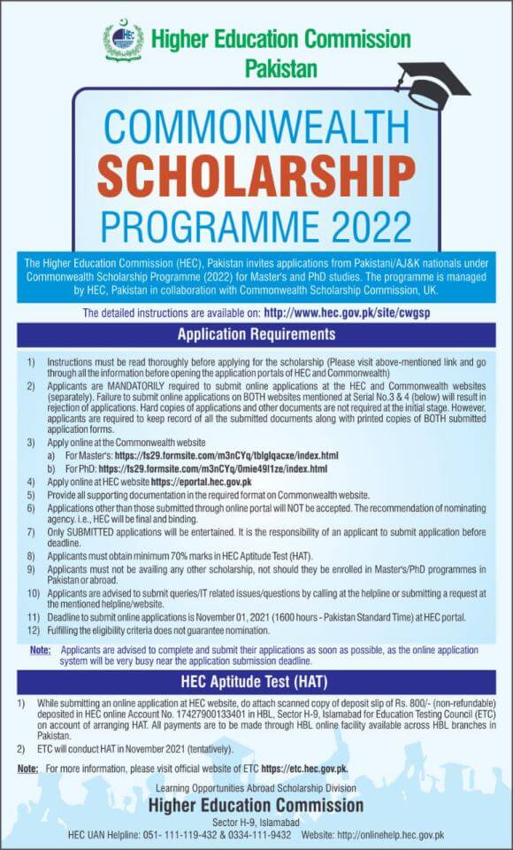 Commonwealth Scholarships UK 2021 Pakistani Students