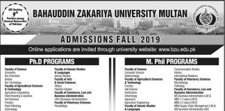 BZU Multan Mphil, Ph.D. Admissions Fall 2019 Form