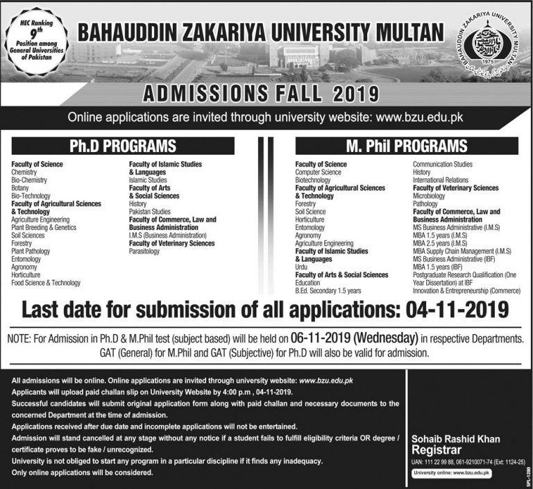 BZU Multan Mphil, Ph.D. Admissions Spring 2025 Form