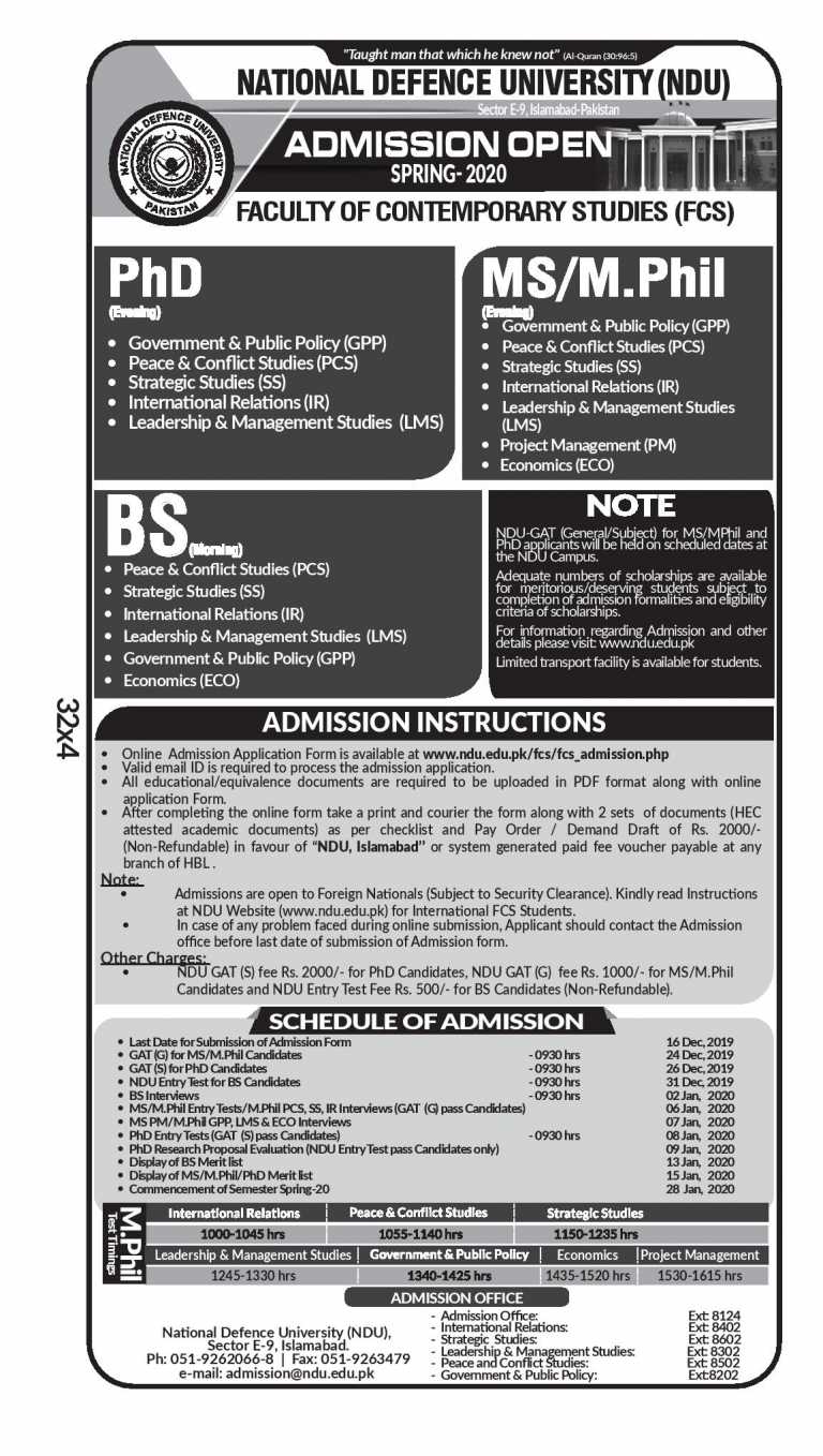 National Defence University NDU Islamabad Spring Admission 2020