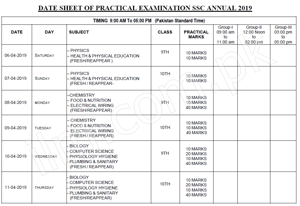 BISE Peshawar Board SSC 9th, 10th Class Date Sheet 2019