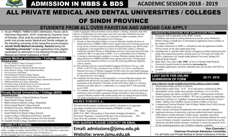 Sindh Private Medical Colleges Admission 2018-19 JSMU Application Form Online