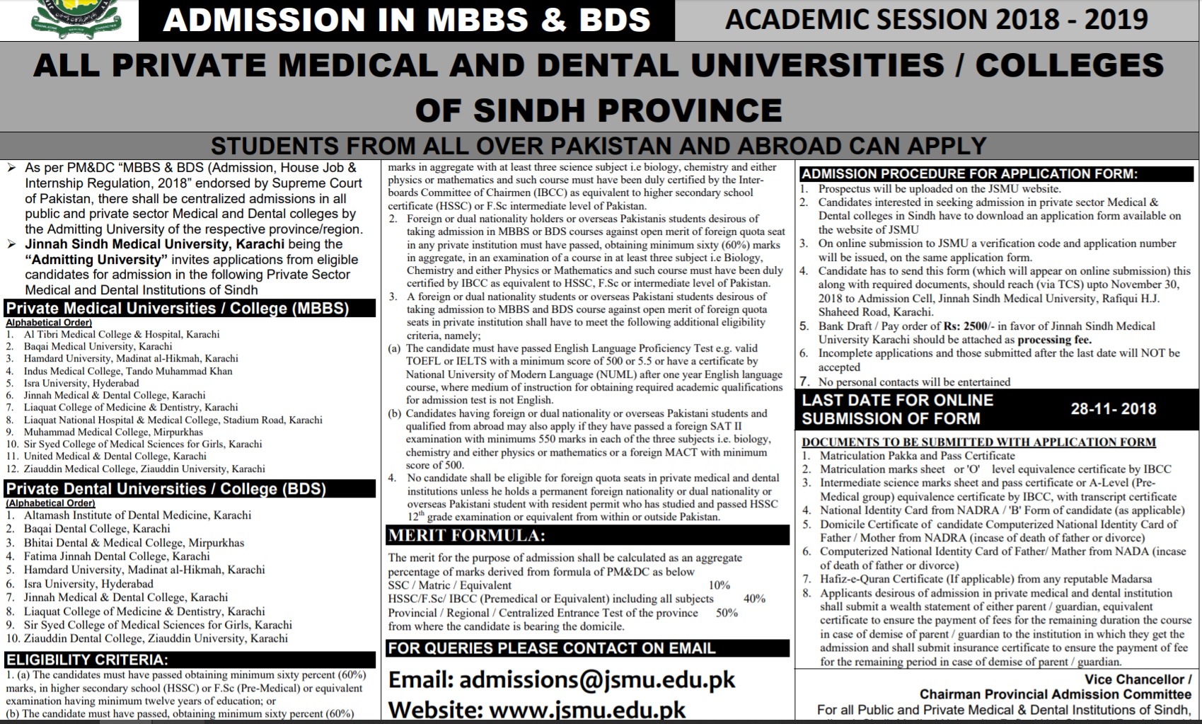 Sindh Private Medical Colleges Admission 2018-19