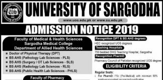 University of Sargodha UOS DPT, Pharm D Admissions 2019 Last Date