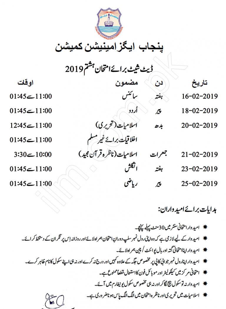 Pec.edu.pk 8th Class Date Sheet 2019