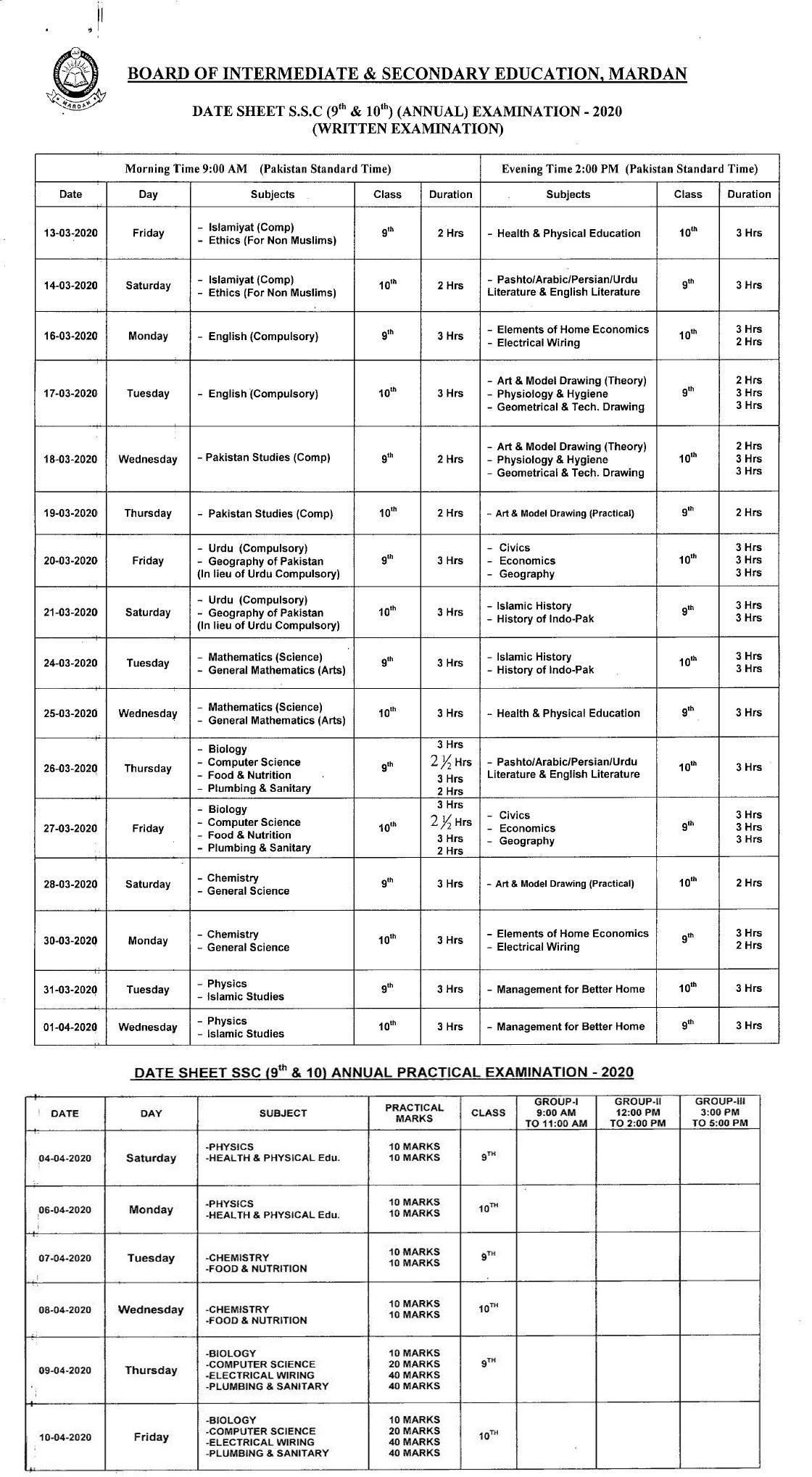 BISE Mardan Board SSC 9th, 10th Class Date Sheet 2021