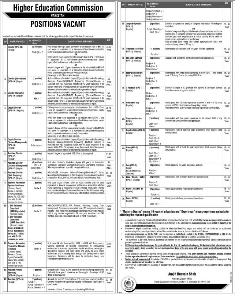 HEC Jobs 2019 www.hec.gov.pk Application Form