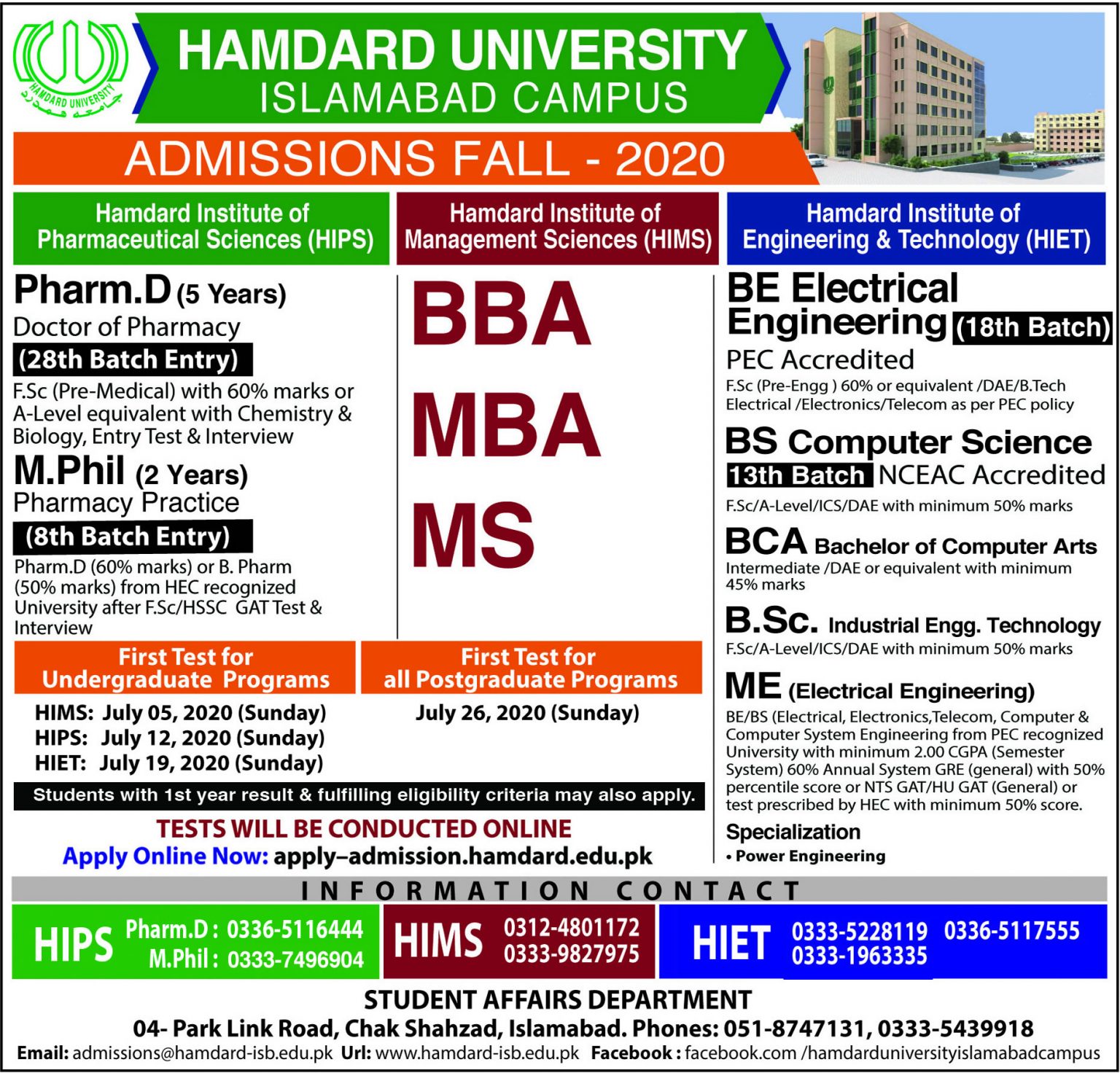 Hamdard University School Of Law Admissions 2024 Form