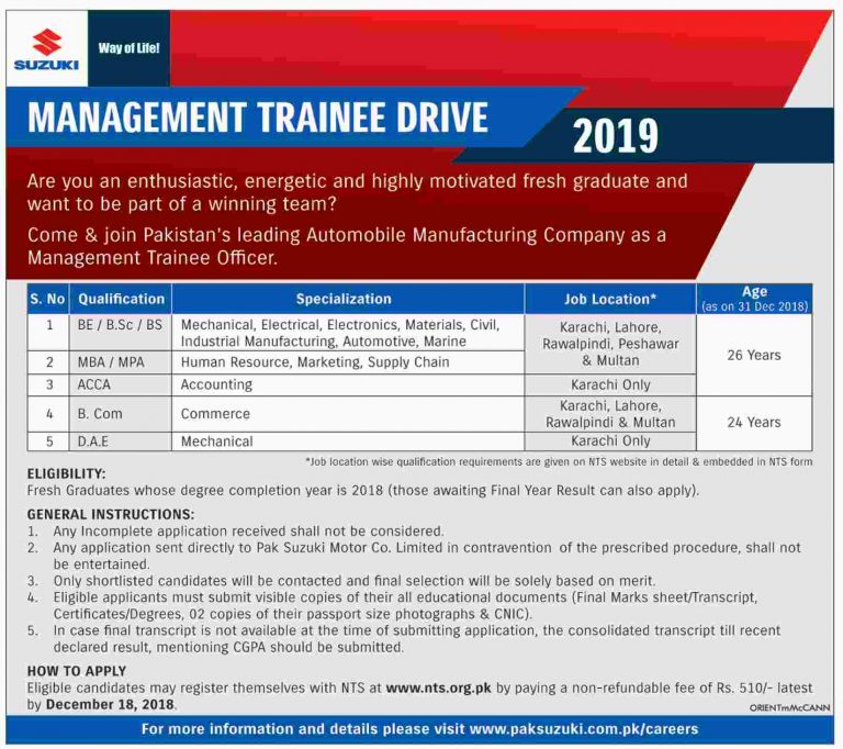 Pak Suzuki Management Trainee Program 2019 NTS Online Apply
