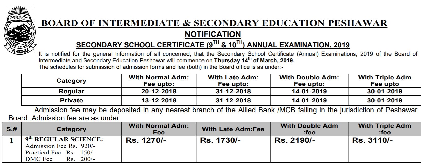 Peshawar Board Matric Admission Form 2024 9th, 10th Class Fee Date