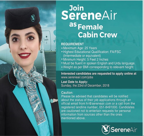 Serene Air Female Cabin Crew Jobs 2018 Apply Online