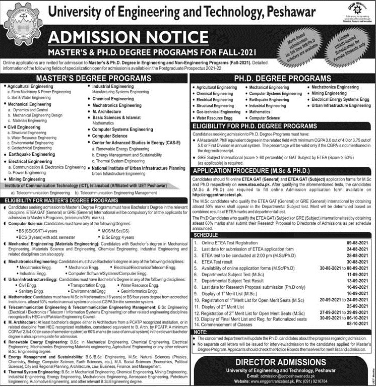 UET Peshawar Masters, PhD Admission 2022 Form