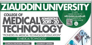 Ziauddin University Karachi Admissions 2019 BS Medical Technology