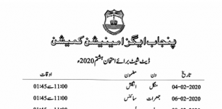 PEC Lahore 8th Class Date Sheet 2020, Multan, Rawalpindi, DG Khan