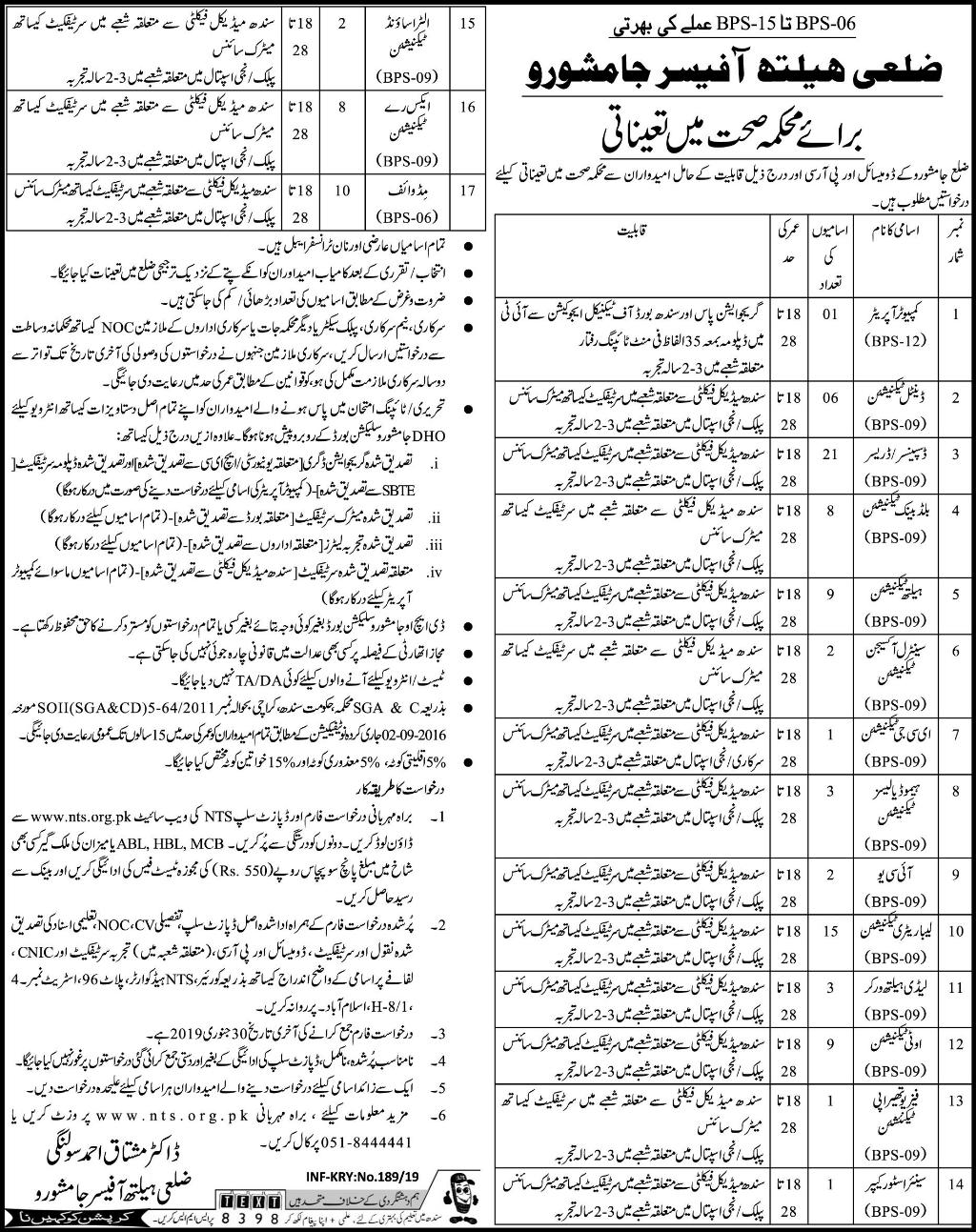 District Health Officer Jamshoro Jobs 2019 NTS Application Form Advertisement
