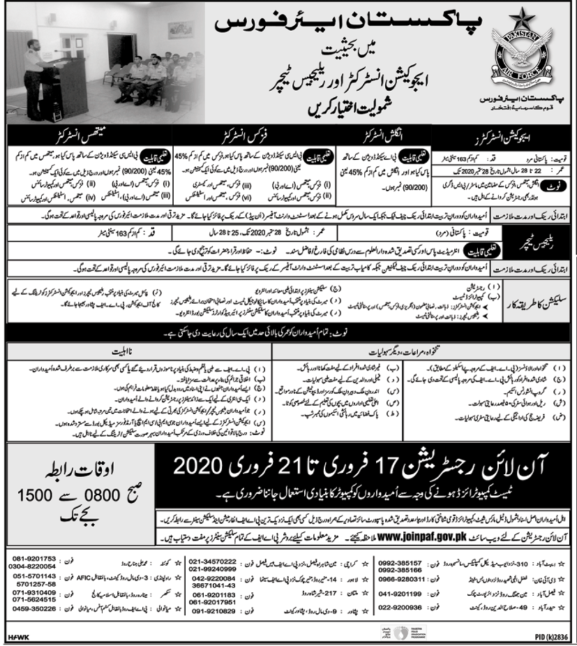PAF Education Instructor Jobs 2020 And Religious Teacher