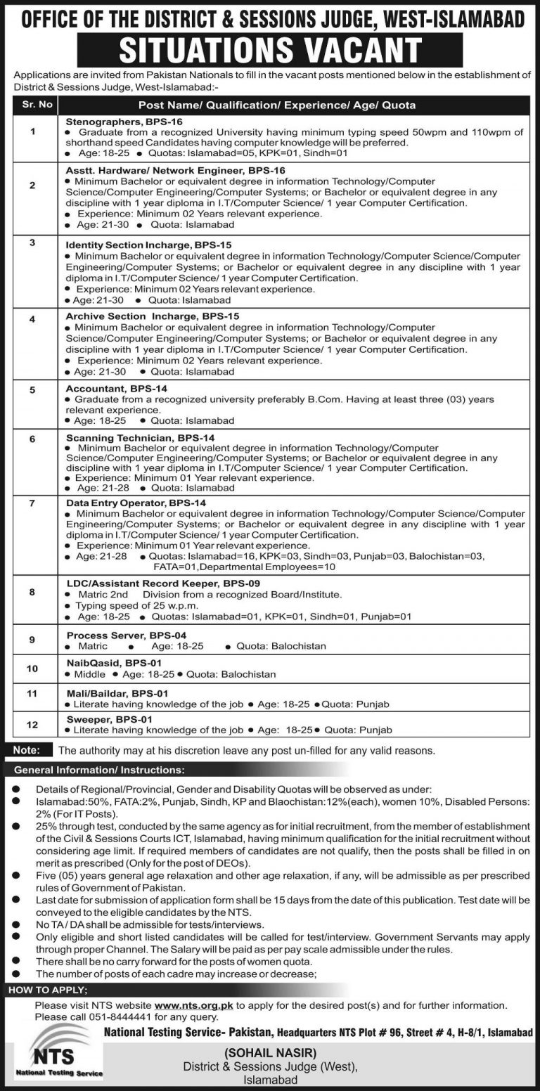 Office of District and Sessions Judge West Islamabad Jobs 2019 NTS Application Form
