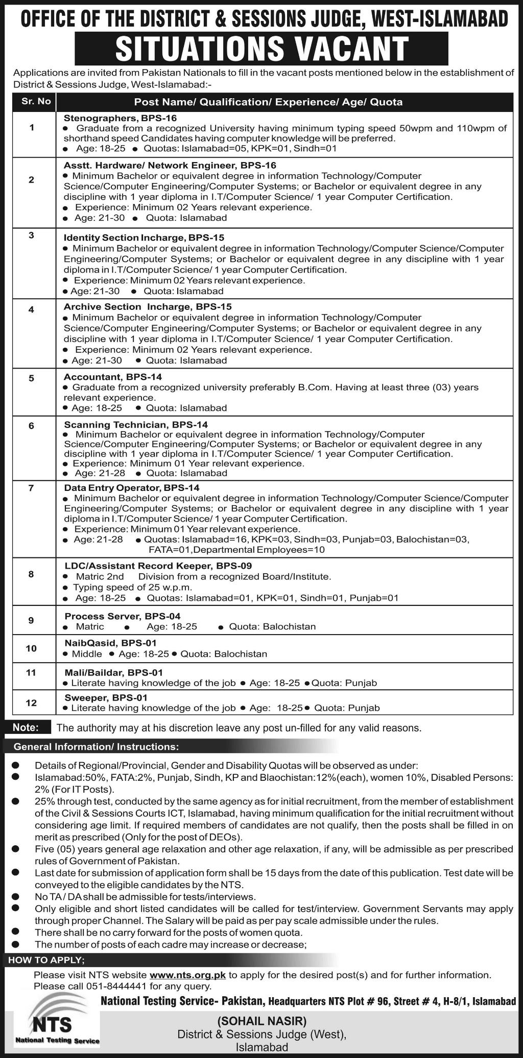 Office of District and Sessions Judge West Islamabad Jobs 2019