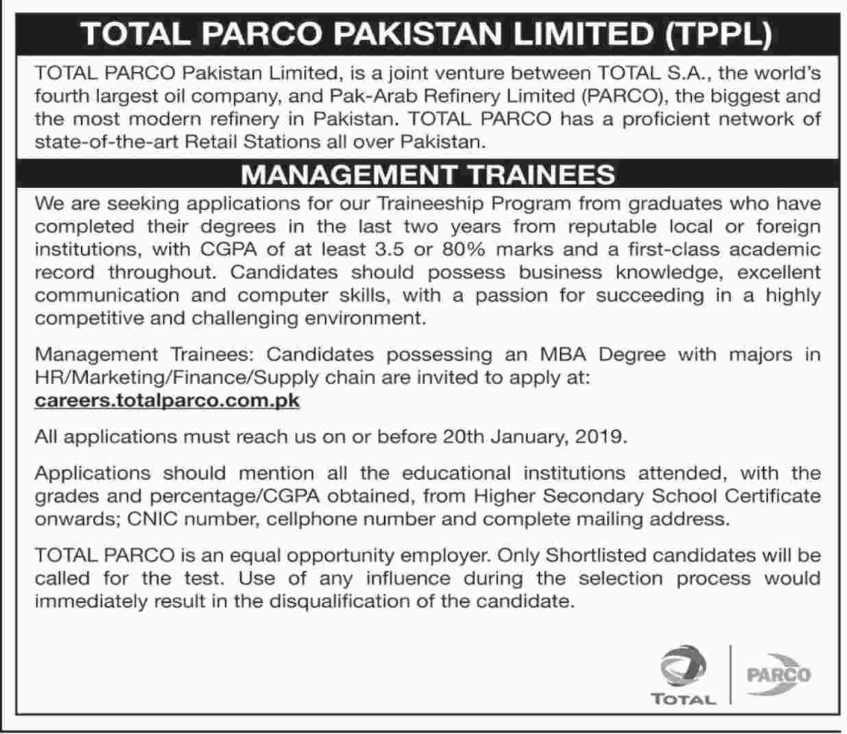 Total Parco Management Trainee 2019 Jobs Online Apply Form Last Date