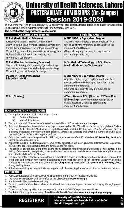 University of Health Sciences UHS Lahore Postgraduate Admissions 2020 Form