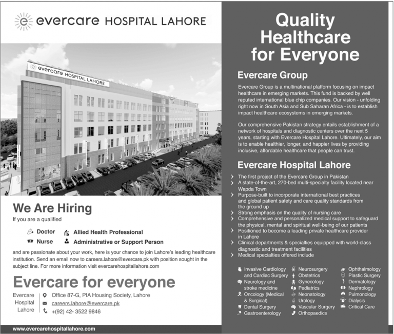 Evercare Hospital Lahore Jobs 2019 Doctors Nurses Application Form