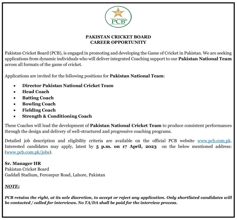 Pakistan Cricket Board PCB Jobs 2025 Latest Advertisement Last Date