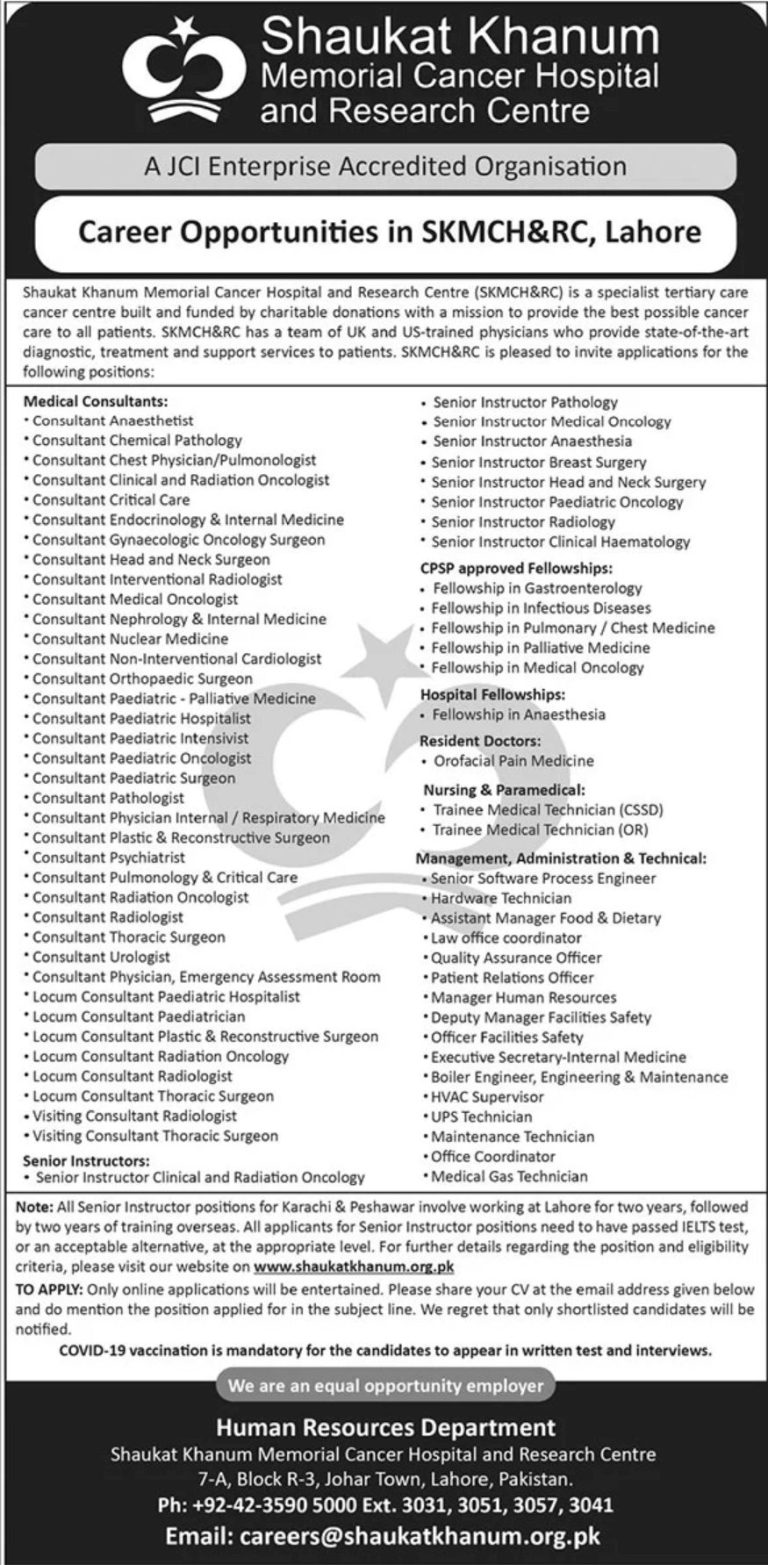 Shaukat khanum Hospital Lahore Jobs 2025