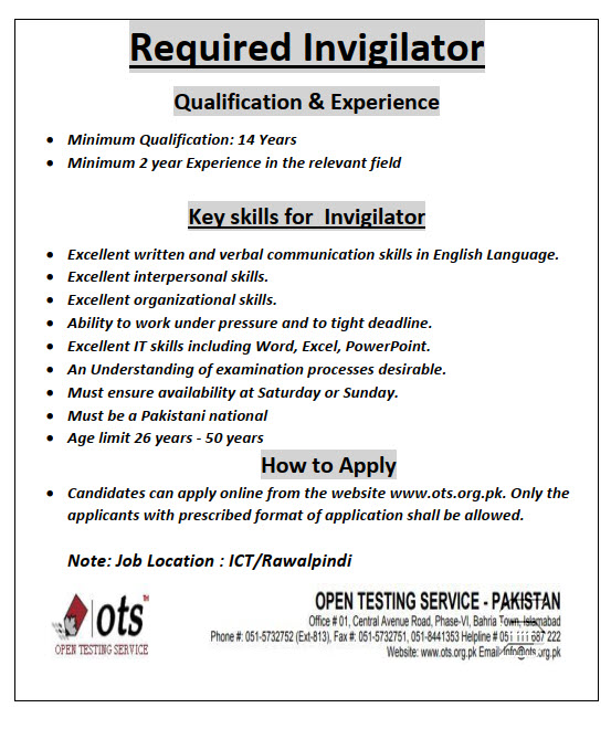 OTS Invigilator Jobs 2023 Online Registration Form Advertisement