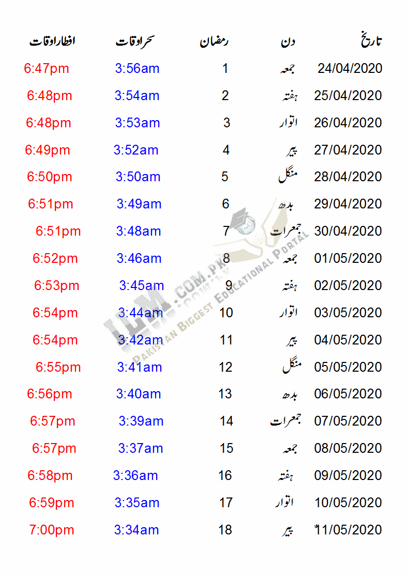 Islamabad Ramadan Calendar 2020 Sehri And Iftar Time Fiqa ...