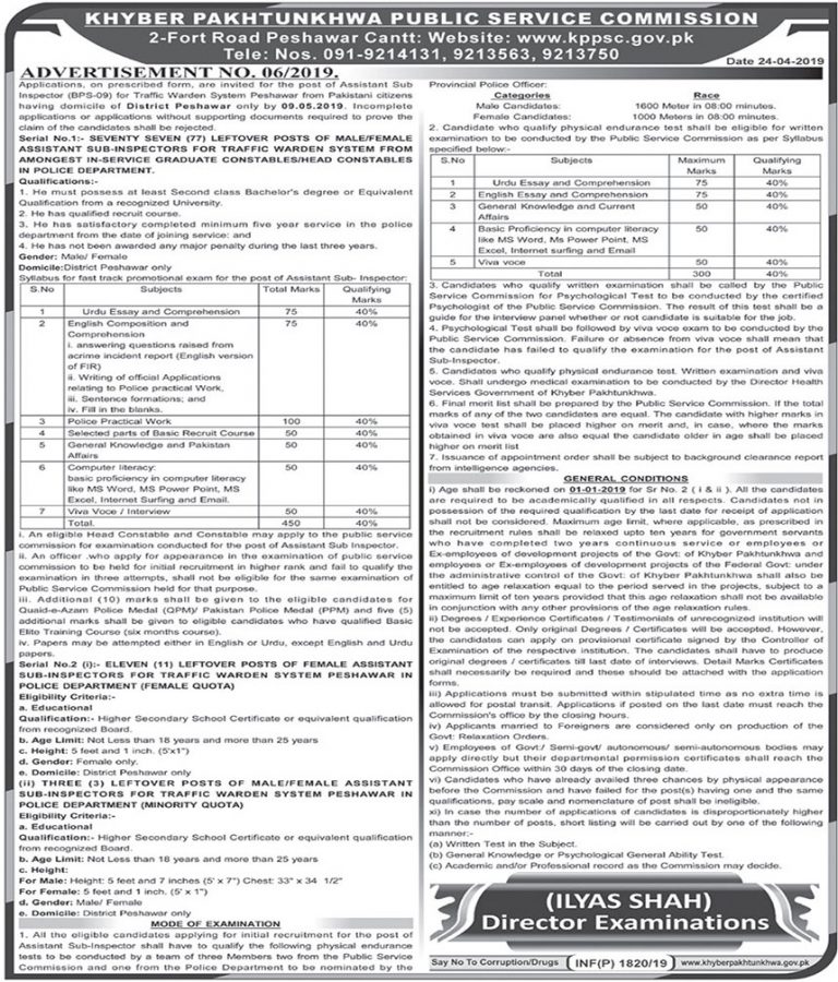 Peshawar Traffic Warden Jobs 2019 KPPSC ASI Application Form