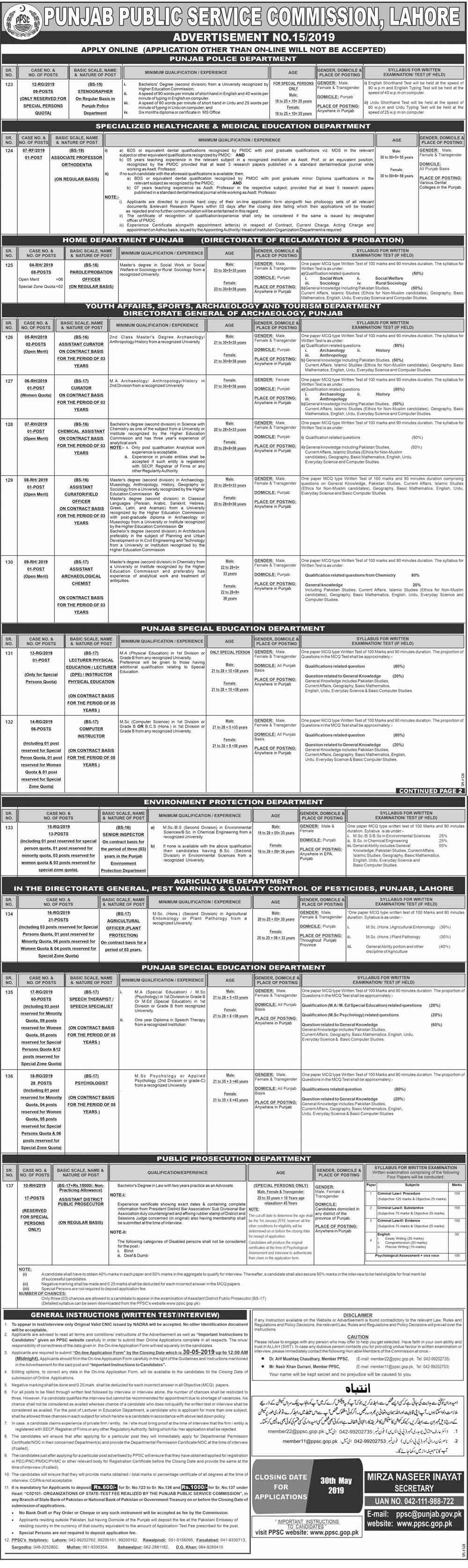 PPSC Latest Jobs May 2019 Apply Online Advertisement