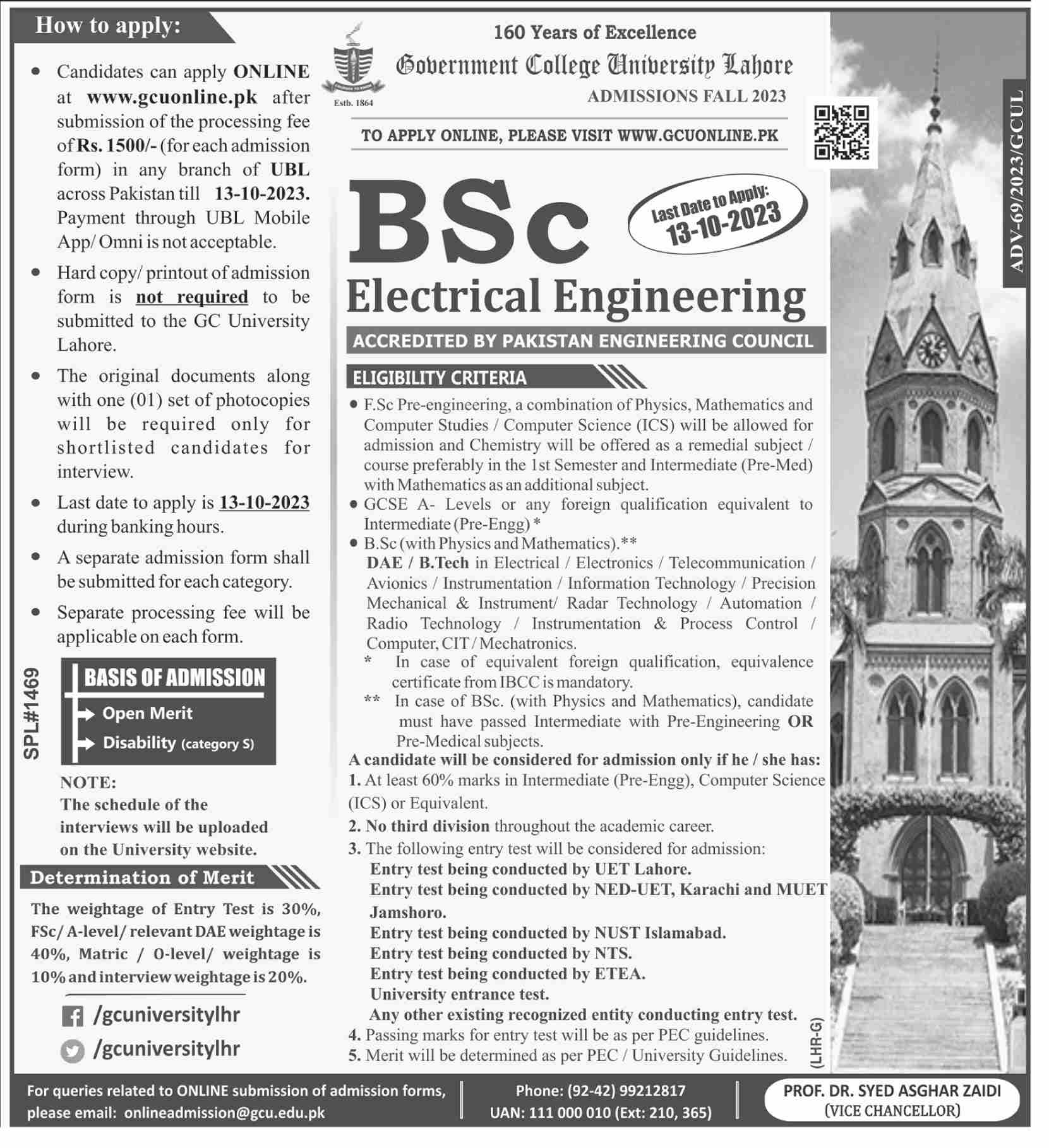 GC University Lahore BSc Admission 2023 Advertisement