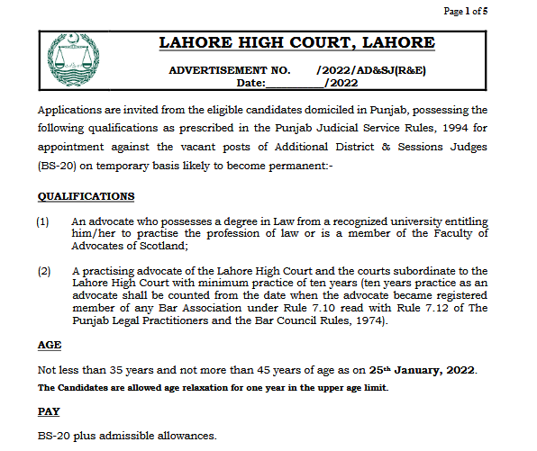 Lahore High Court Jobs 2022 Advertisement