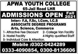 Govt Apwa College For Women Lahore Admission 2021