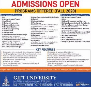 GIFT University Gujranwala Admission 2020 Last Date