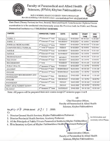 KPK Medical Faculty Exam Date Sheet 2020