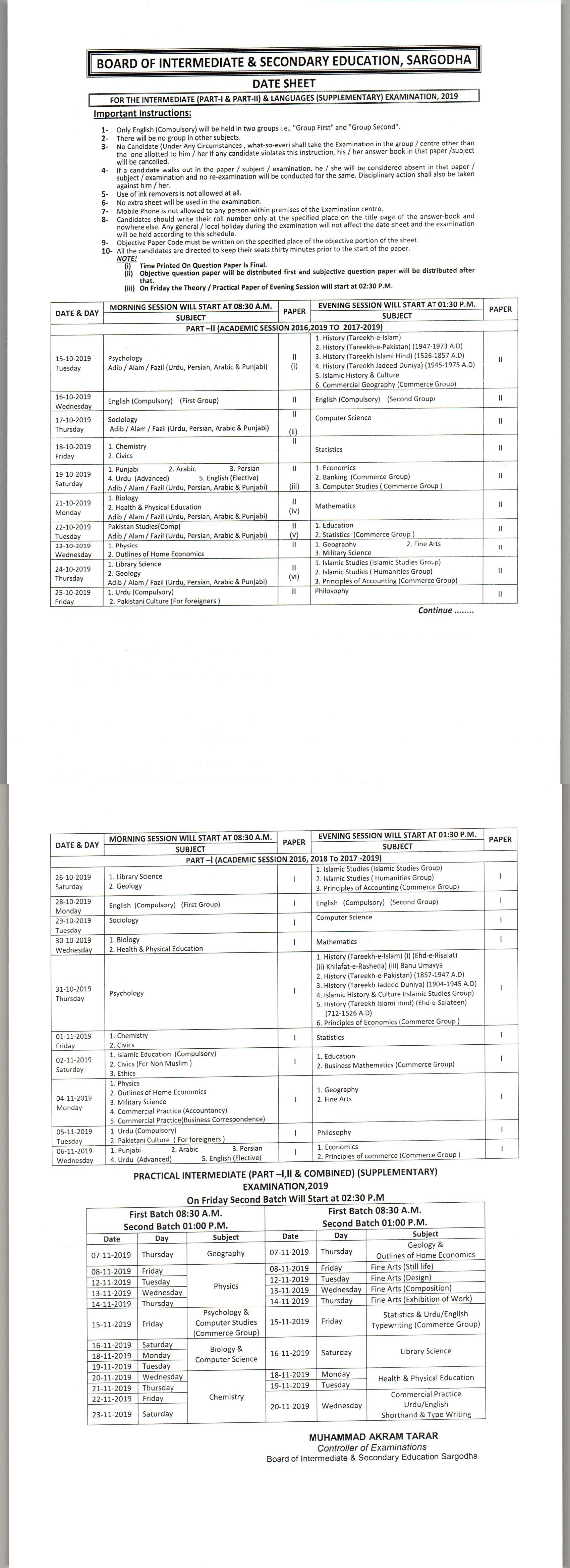 Sargodha Board 2nd Year Supply Date Sheet 2019