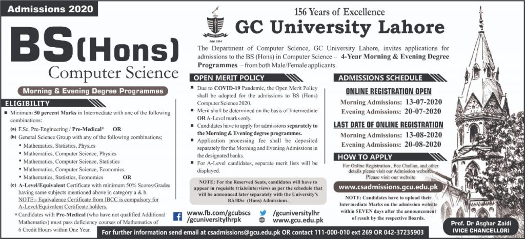 Gc University Lahore Undergraduate Merit List 2021 1st 2nd 3rd 2860