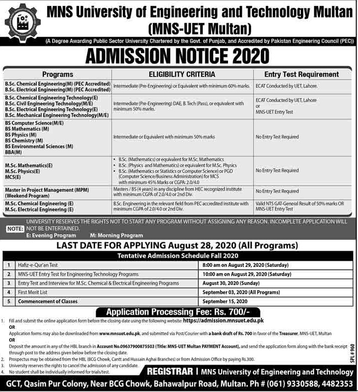 Muhammad Nawaz Sharif University of Engineering Multan Admission 2020