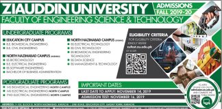Ziauddin University Karachi Engineering Admission 2019-20 Form
